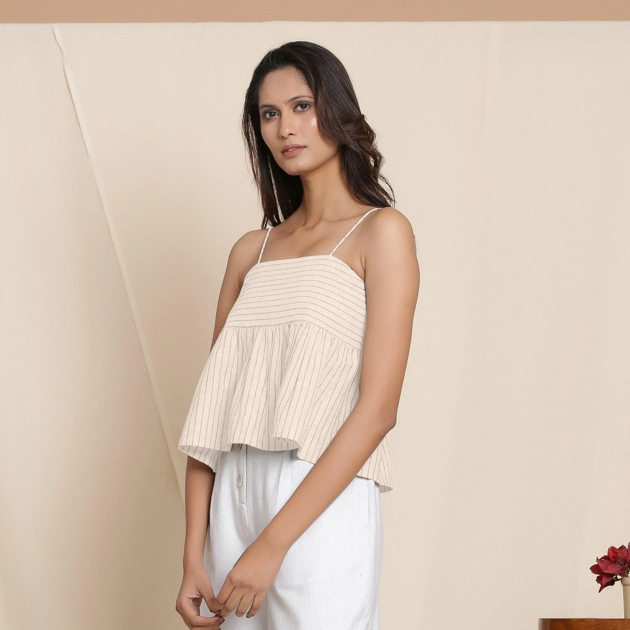 Dusk Beige Yarn Dyed Cotton Striped Yoked Top