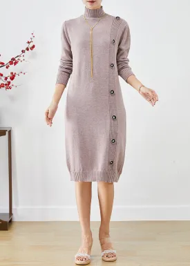 Elegant Light Purple High Neck Button Knit Sweater Dress Fall LY9268