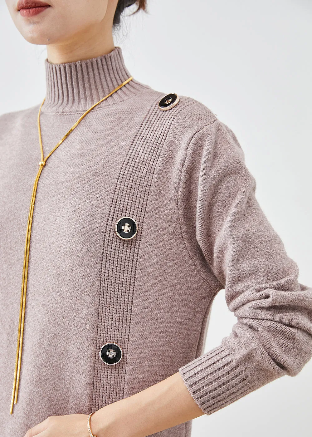 Elegant Light Purple High Neck Button Knit Sweater Dress Fall LY9268