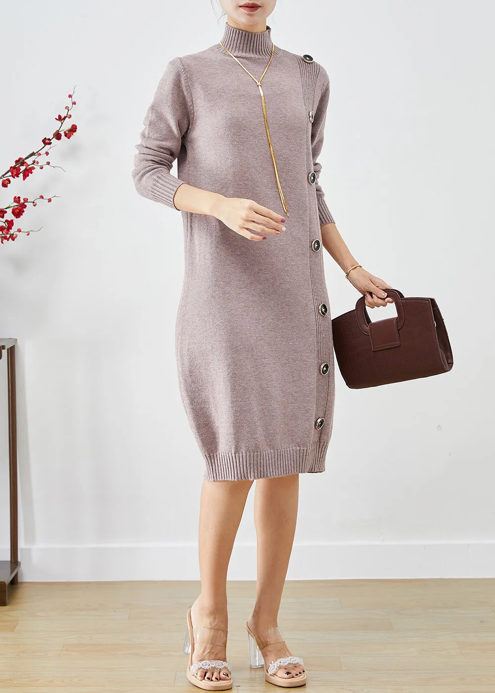 Elegant Light Purple High Neck Button Knit Sweater Dress Fall LY9268