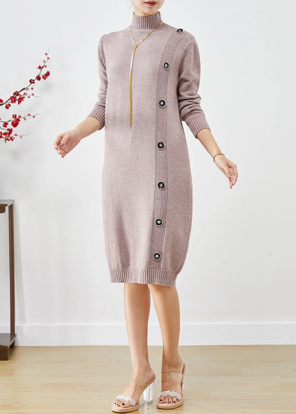 Elegant Light Purple High Neck Button Knit Sweater Dress Fall LY9268