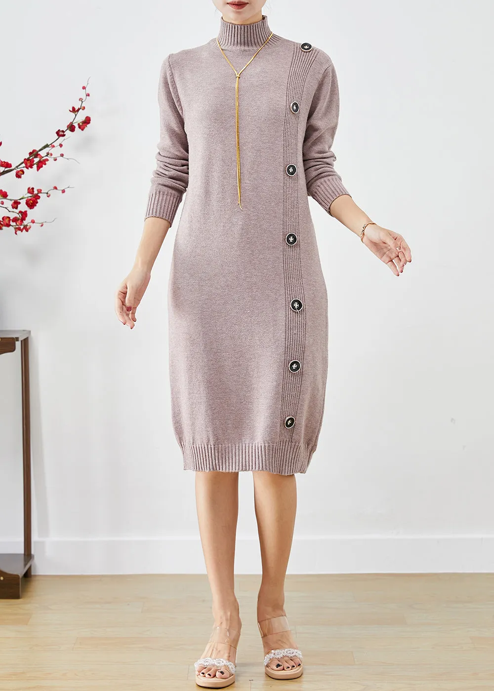 Elegant Light Purple High Neck Button Knit Sweater Dress Fall LY9268