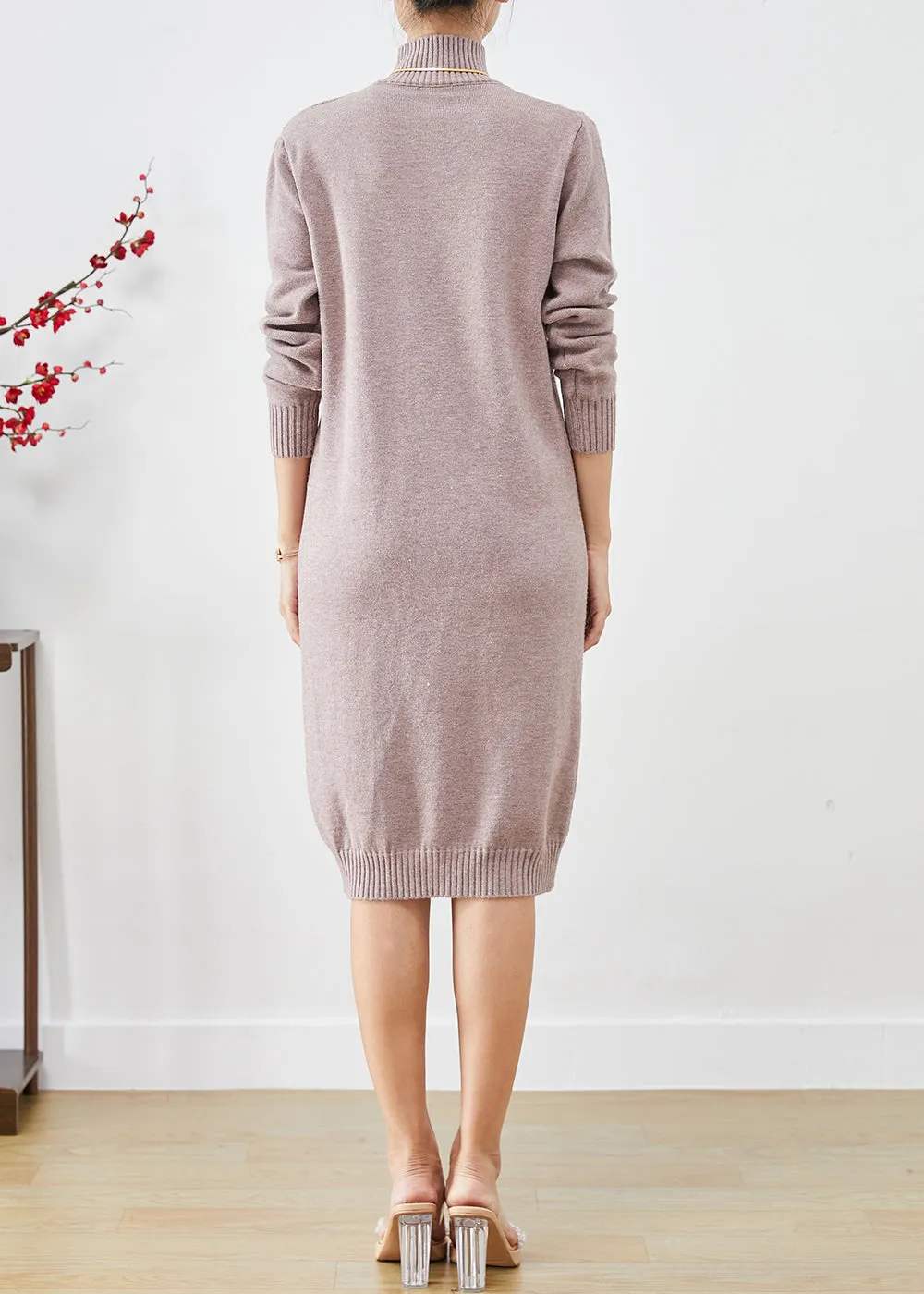 Elegant Light Purple High Neck Button Knit Sweater Dress Fall LY9268