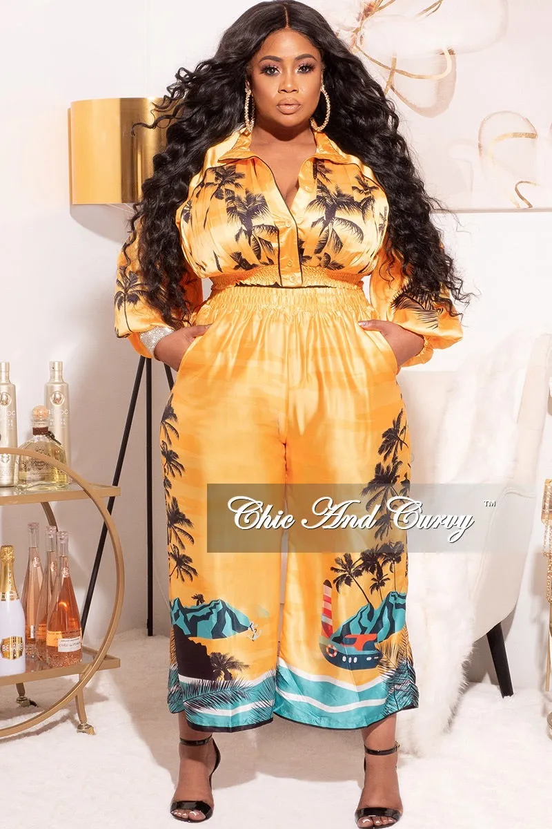 Final Sale Plus Size 2pc Satin Set with Crop Top and Culottes Pants in Mustard Palm Print