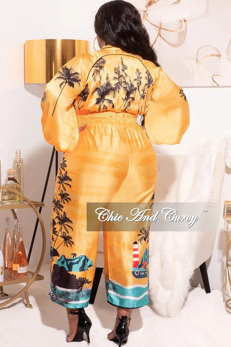 Final Sale Plus Size 2pc Satin Set with Crop Top and Culottes Pants in Mustard Palm Print
