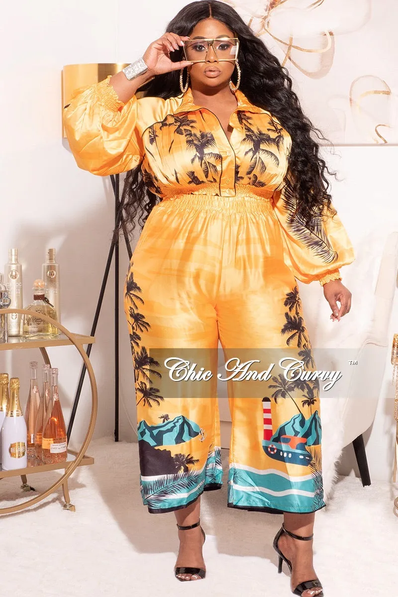 Final Sale Plus Size 2pc Satin Set with Crop Top and Culottes Pants in Mustard Palm Print