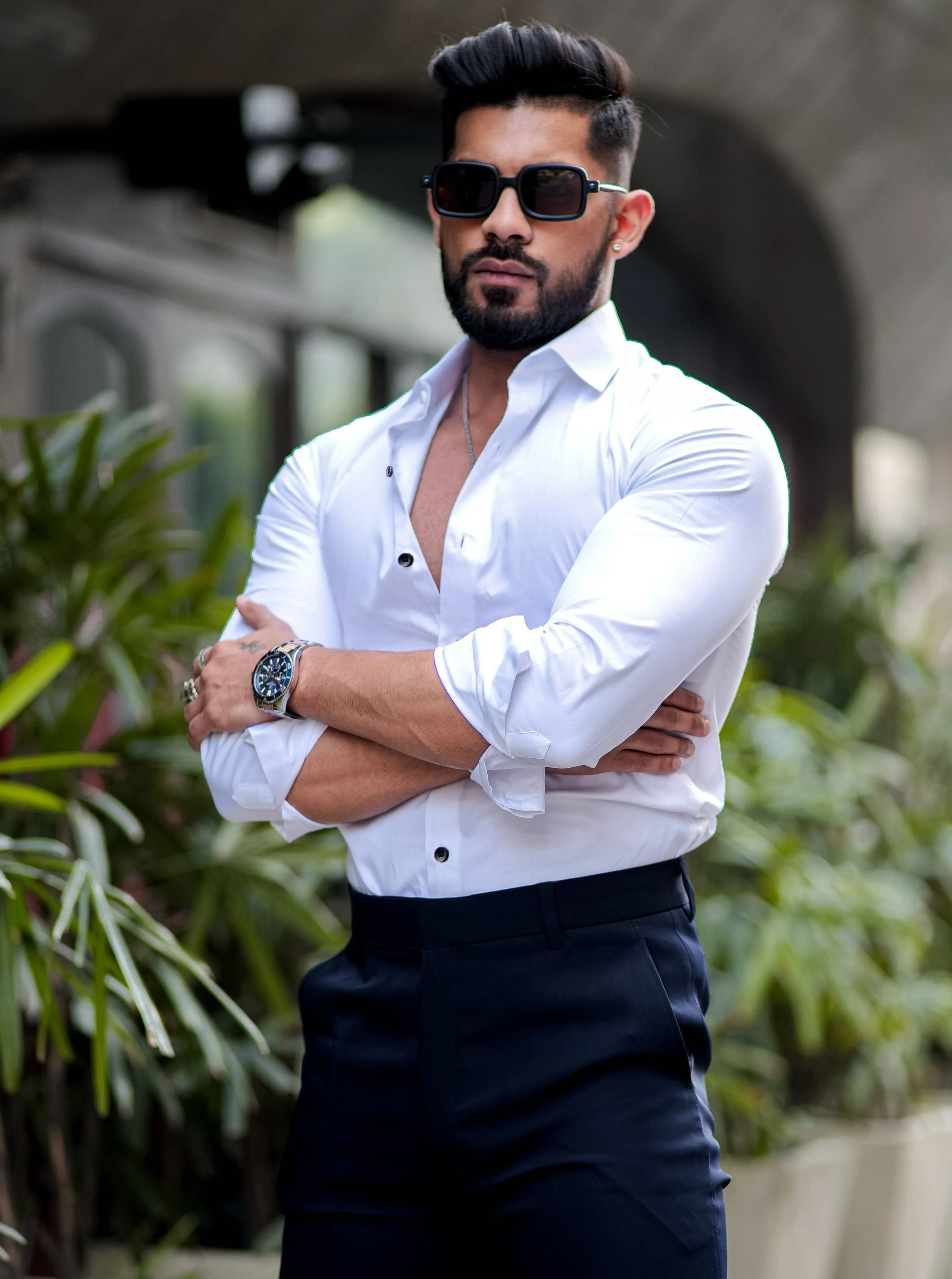 Formy White Smoke Luxury Black Button Satin Shirt For Men's