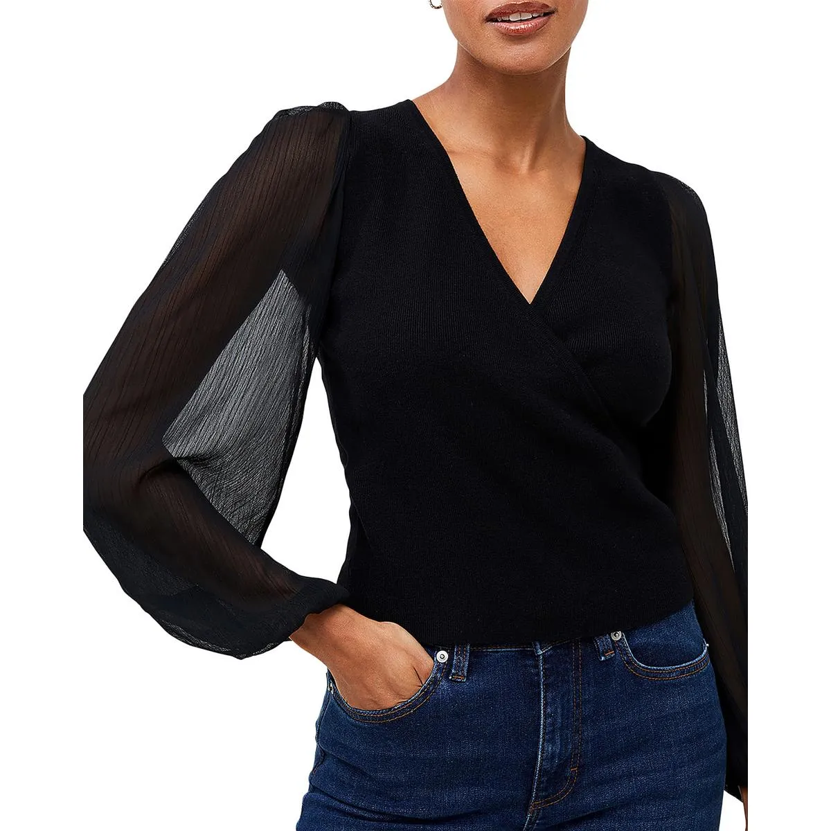 French Connection Womens Mixed Media Surplice Pullover Sweater