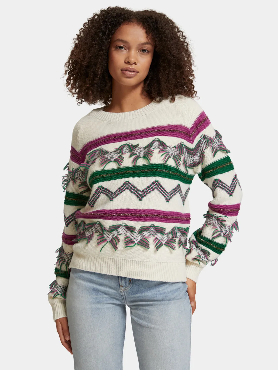 Fringe jacquard pullover