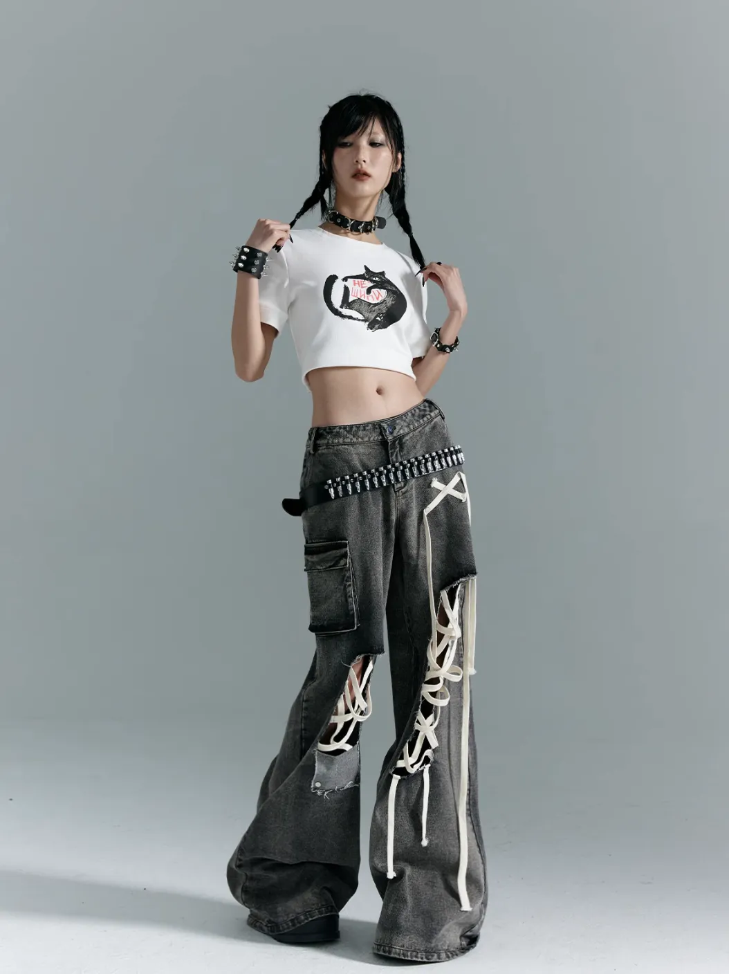 Frustration Garden Gothic Punk Wide-Leg Jeans - Distressed Gray Denim With Lace-Up Accents And Cargo Pockets