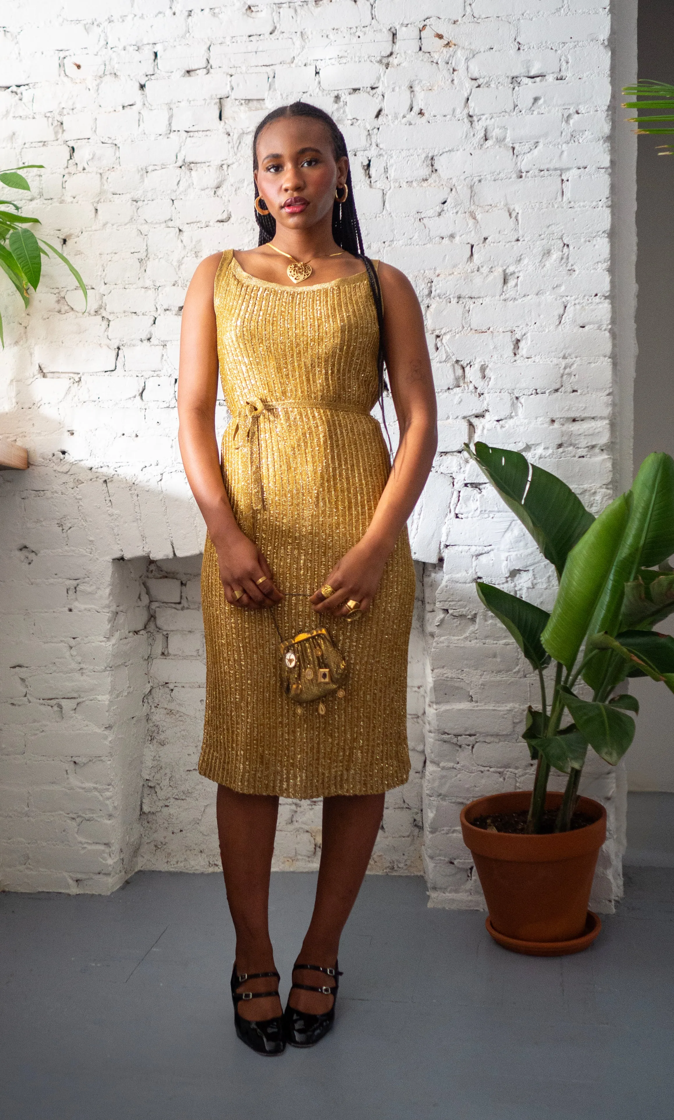GROOVY BABY | 70's Metallic Knit Dress with Tie
