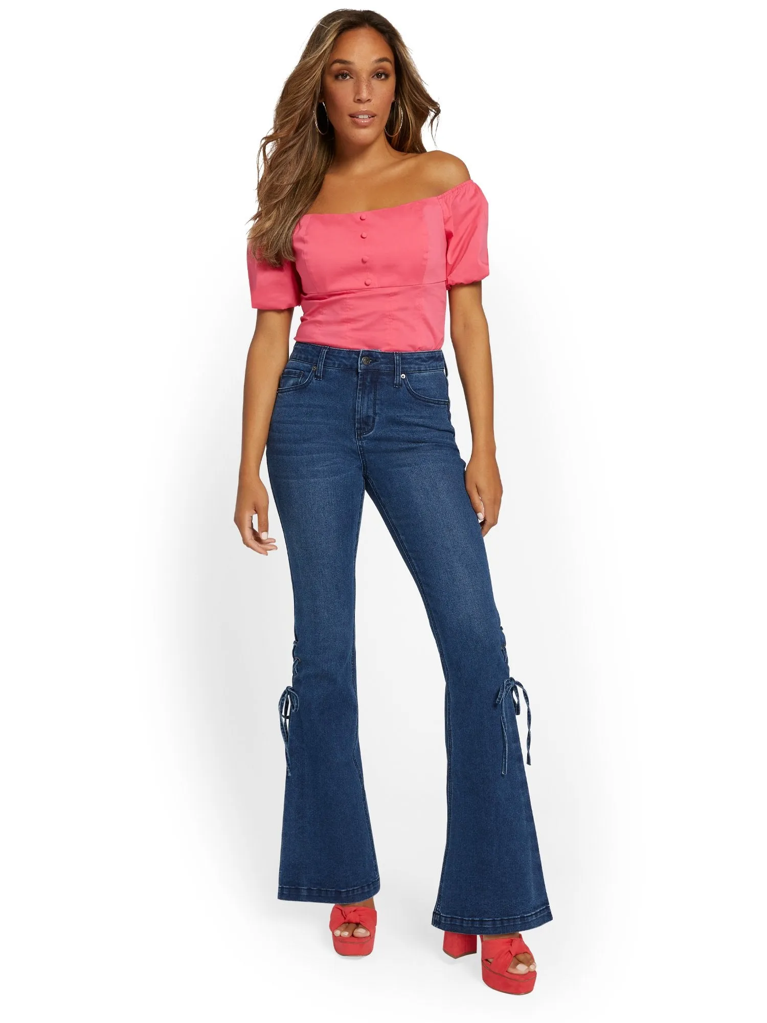 High-Waisted Lace-Up Bootcut Jeans - Dark Wash