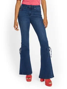 High-Waisted Lace-Up Bootcut Jeans - Dark Wash