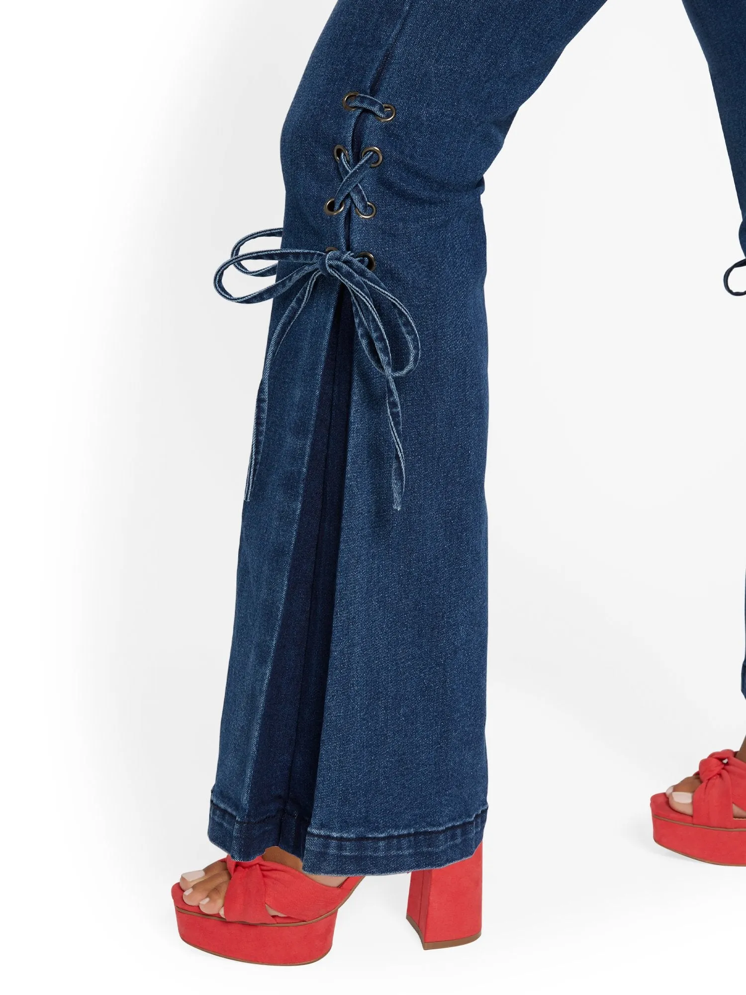 High-Waisted Lace-Up Bootcut Jeans - Dark Wash