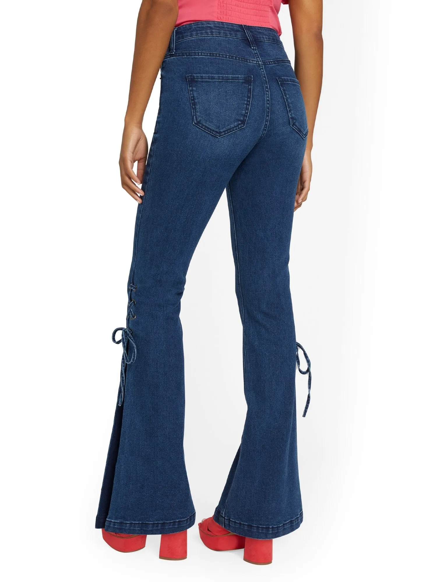 High-Waisted Lace-Up Bootcut Jeans - Dark Wash