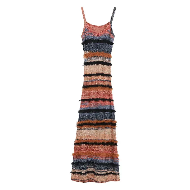 Hnzxzm Korean style Spring Autumn New Streetwear Sexy Long-sleeved Cardigan Women Striped Knit Sling Dress Two-piece Suit
