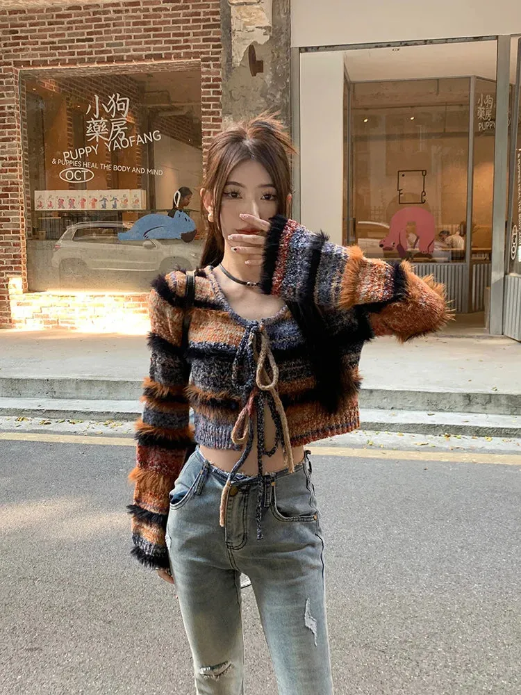 Hnzxzm Korean style Spring Autumn New Streetwear Sexy Long-sleeved Cardigan Women Striped Knit Sling Dress Two-piece Suit