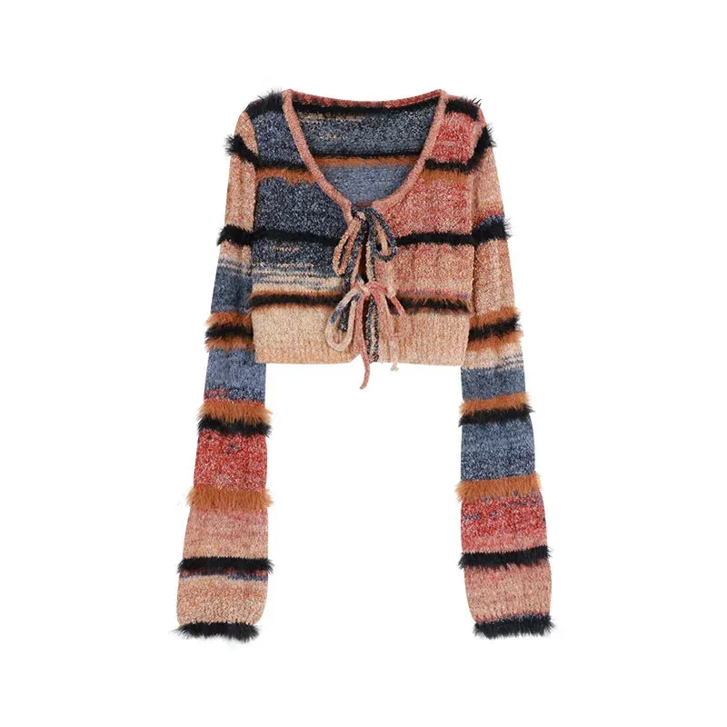 Hnzxzm Korean style Spring Autumn New Streetwear Sexy Long-sleeved Cardigan Women Striped Knit Sling Dress Two-piece Suit