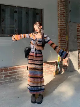 Hnzxzm Korean style Spring Autumn New Streetwear Sexy Long-sleeved Cardigan Women Striped Knit Sling Dress Two-piece Suit