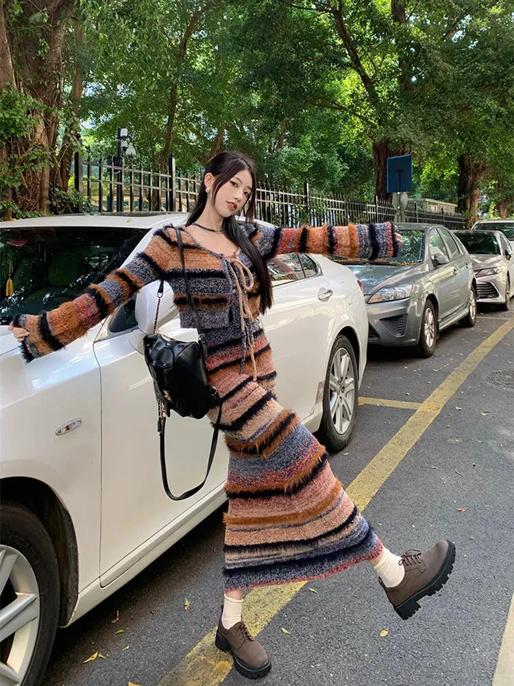 Hnzxzm Korean style Spring Autumn New Streetwear Sexy Long-sleeved Cardigan Women Striped Knit Sling Dress Two-piece Suit