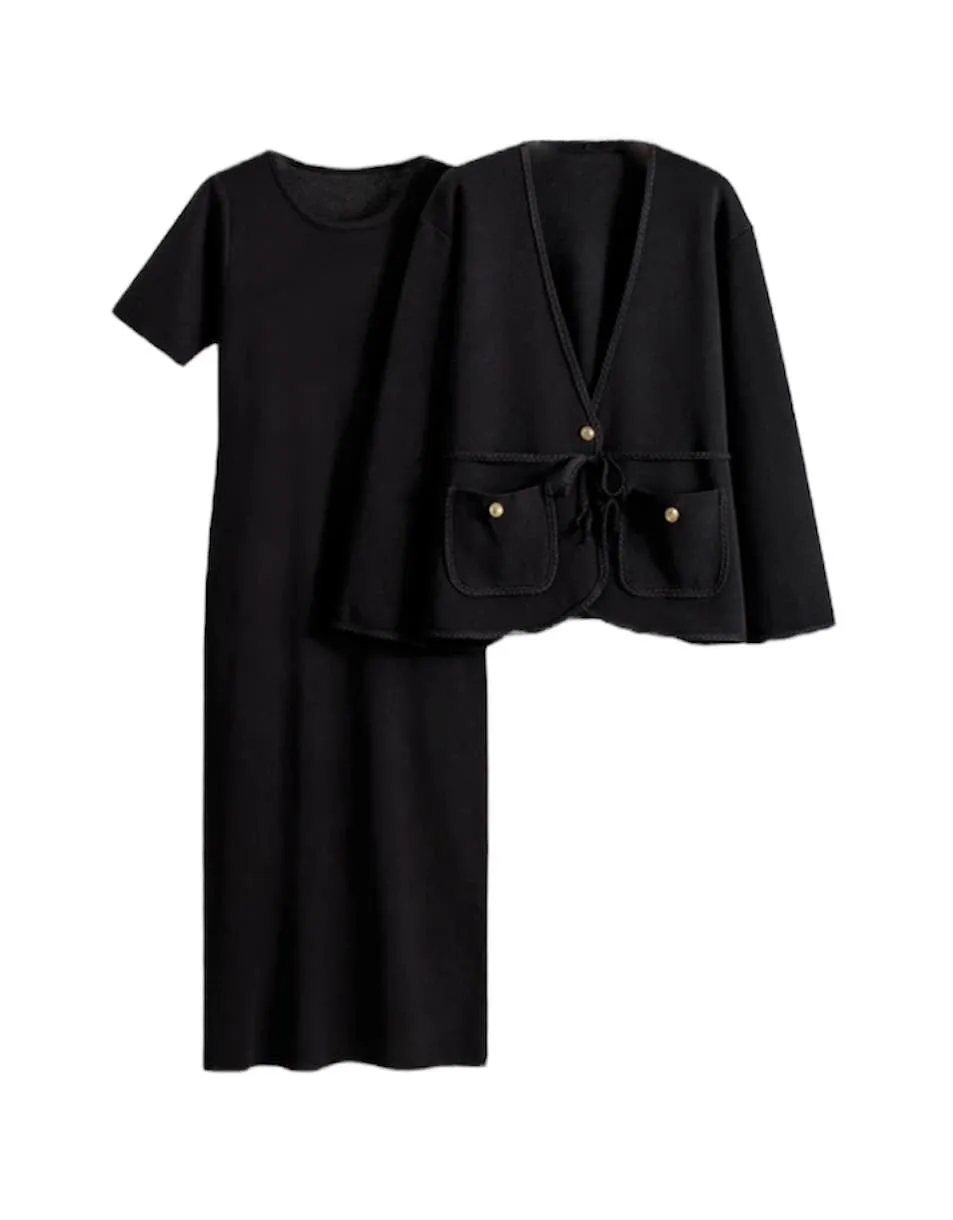 Knitted Long Dress And Cardigan Two Piece Set