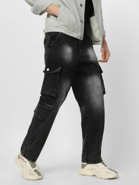 Men's Black Loose Fit Cargo Jeans With 7 Pockets Non Stretchable