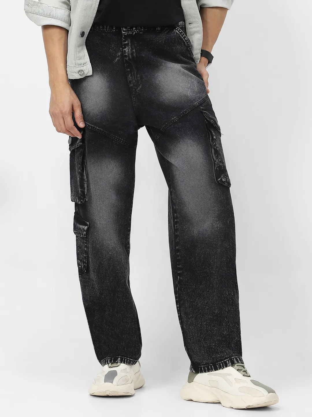 Men's Black Loose Fit Cargo Jeans With 7 Pockets Non Stretchable
