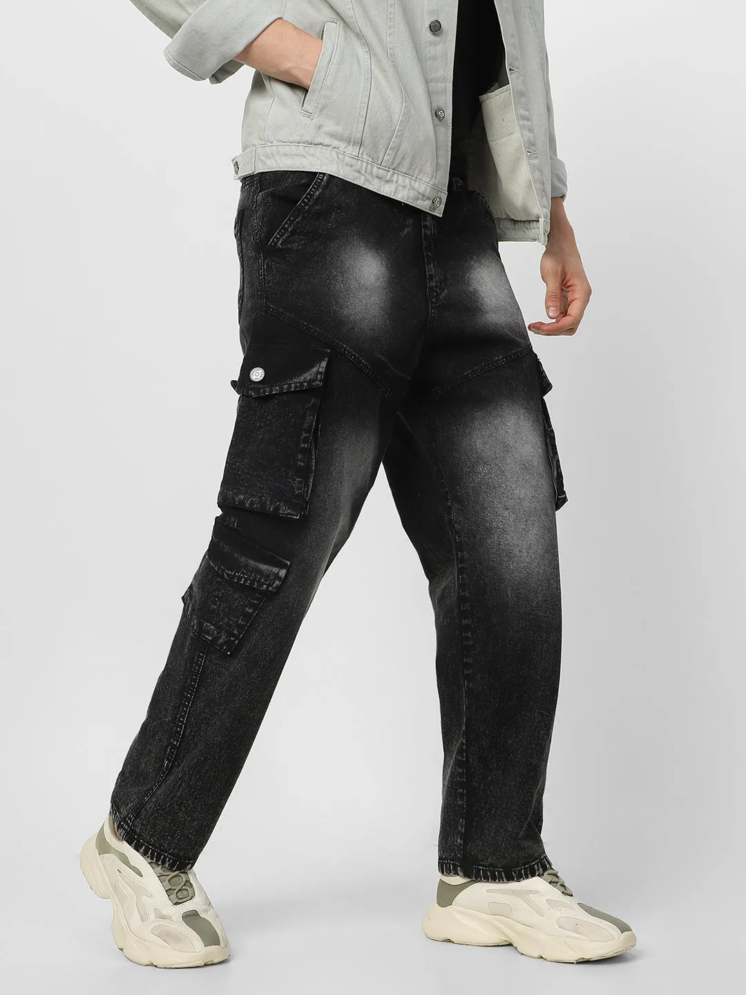 Men's Black Loose Fit Cargo Jeans With 7 Pockets Non Stretchable