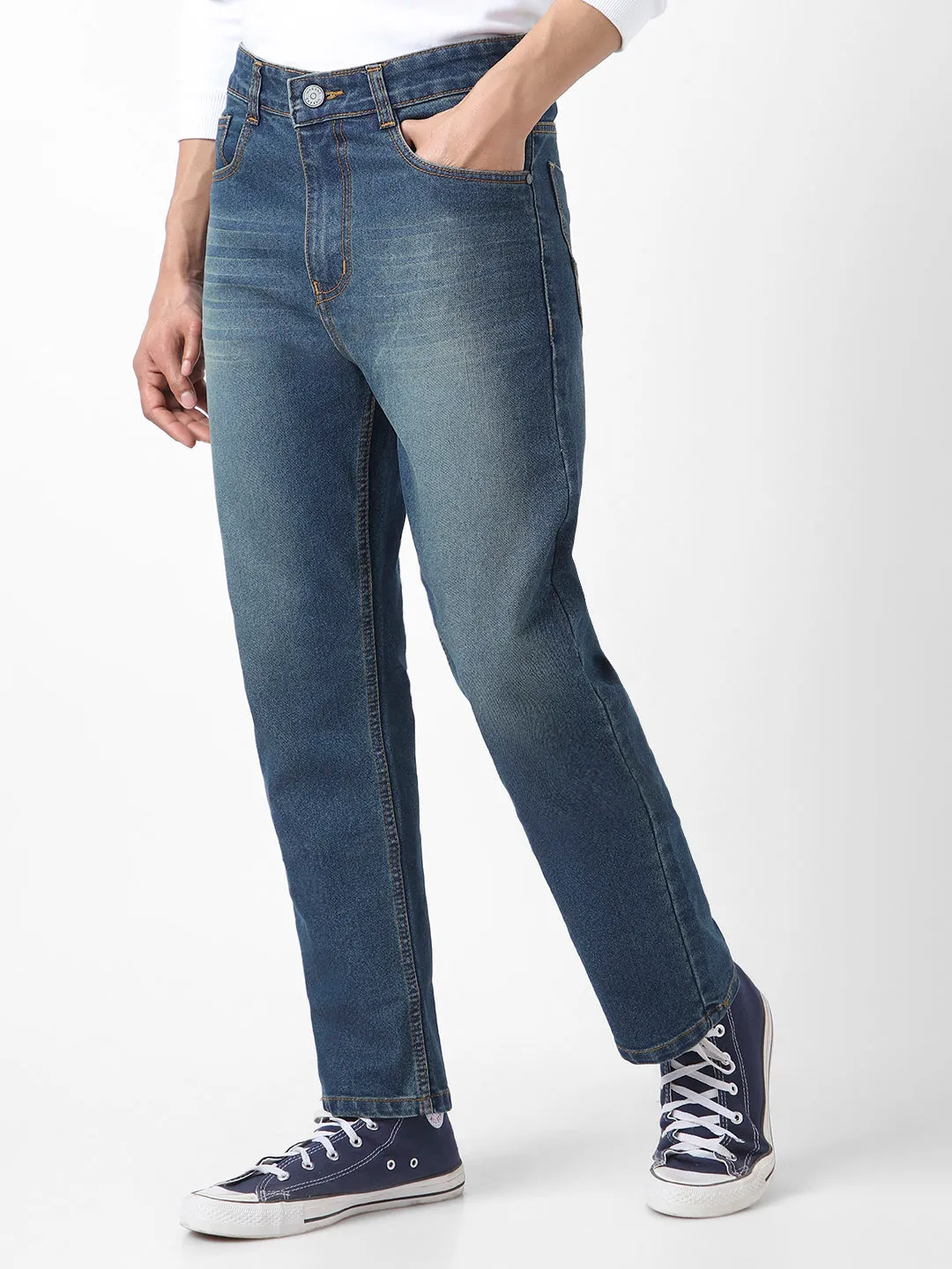Men's Blue Straight Fit Washed Jeans Stretchable