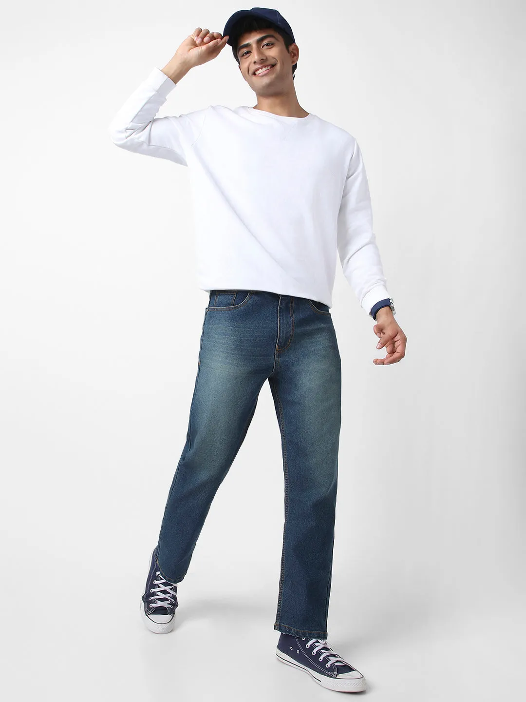 Men's Blue Straight Fit Washed Jeans Stretchable