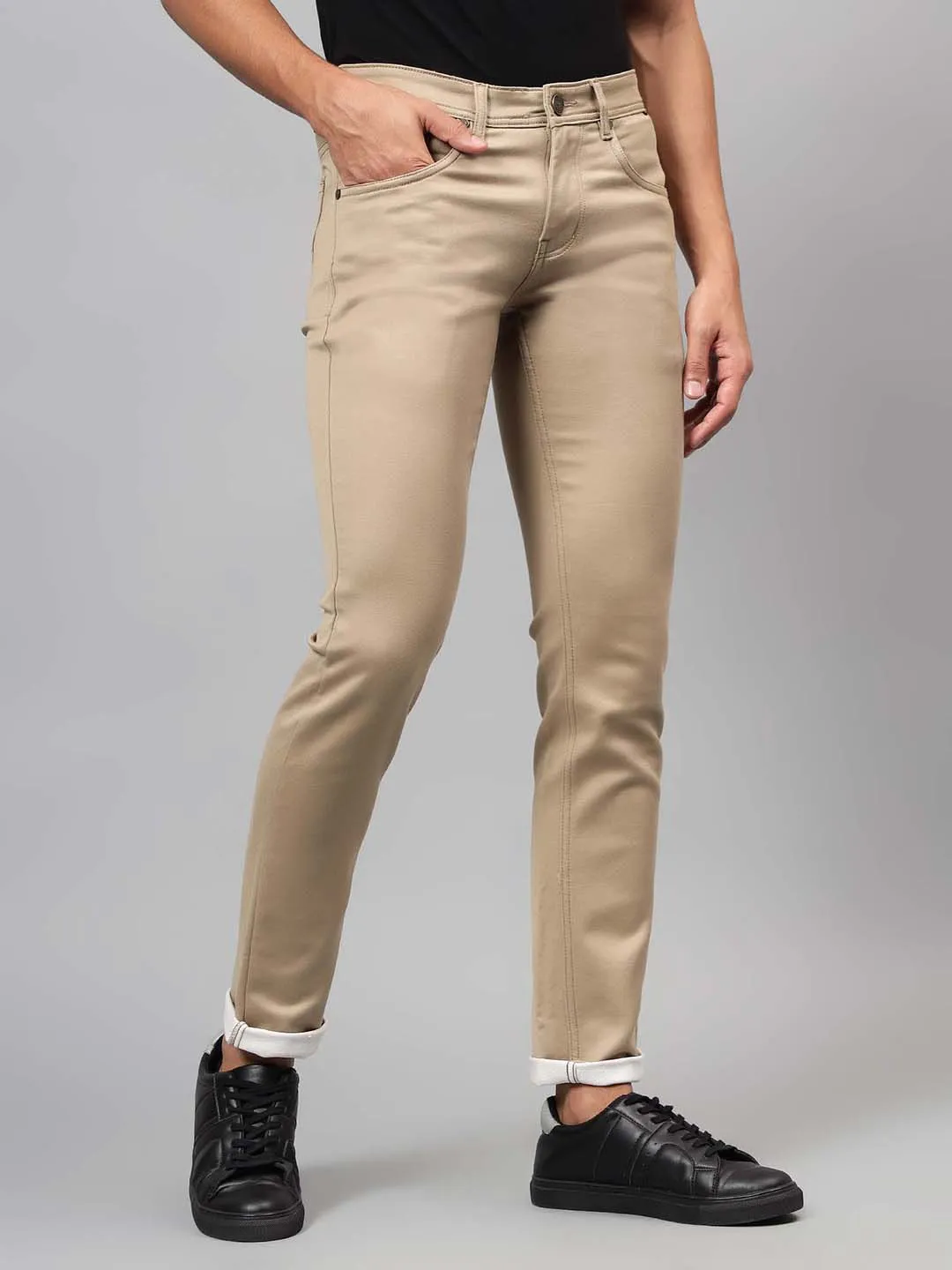 Men's Khaki Solid Stretchable Full Length Jeans