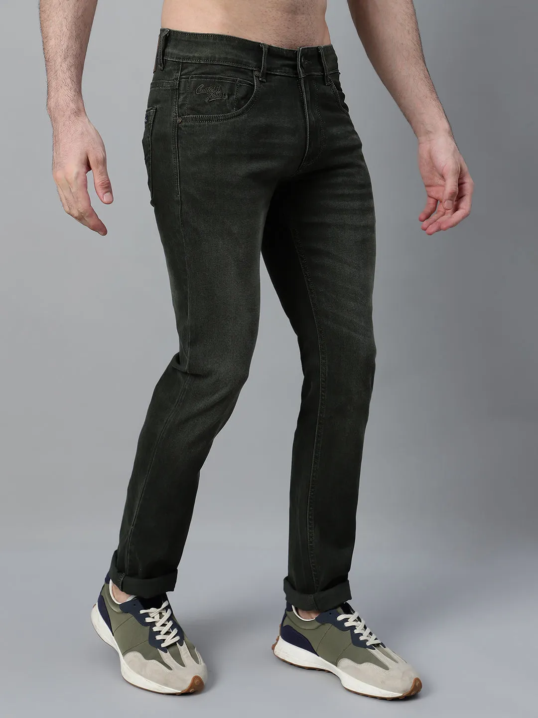 Men's Olive Green Solid Stretchable Jeans