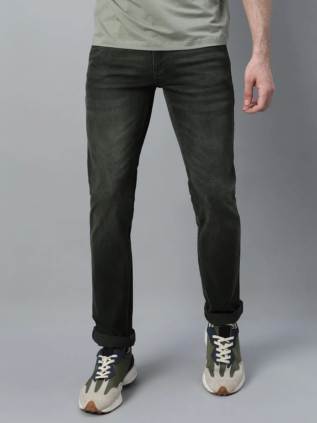 Men's Olive Green Solid Stretchable Jeans
