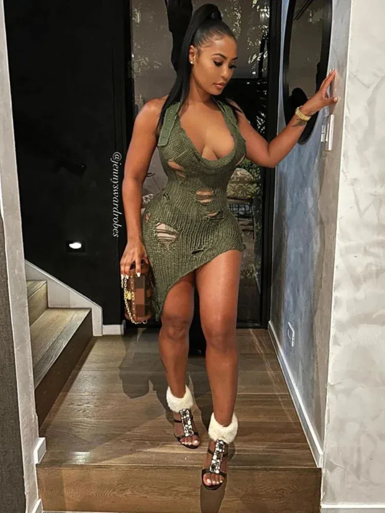 Metaversmall Distressed Knit Green Sexy Summer Dress Trashy Y2k Streetwear Hollow Cross Halter Mini Dresses for Women 2024 C66-DG10