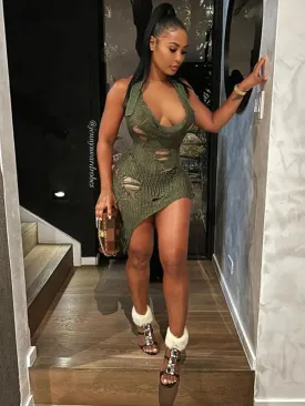 Metaversmall Distressed Knit Green Sexy Summer Dress Trashy Y2k Streetwear Hollow Cross Halter Mini Dresses for Women 2024 C66-DG10