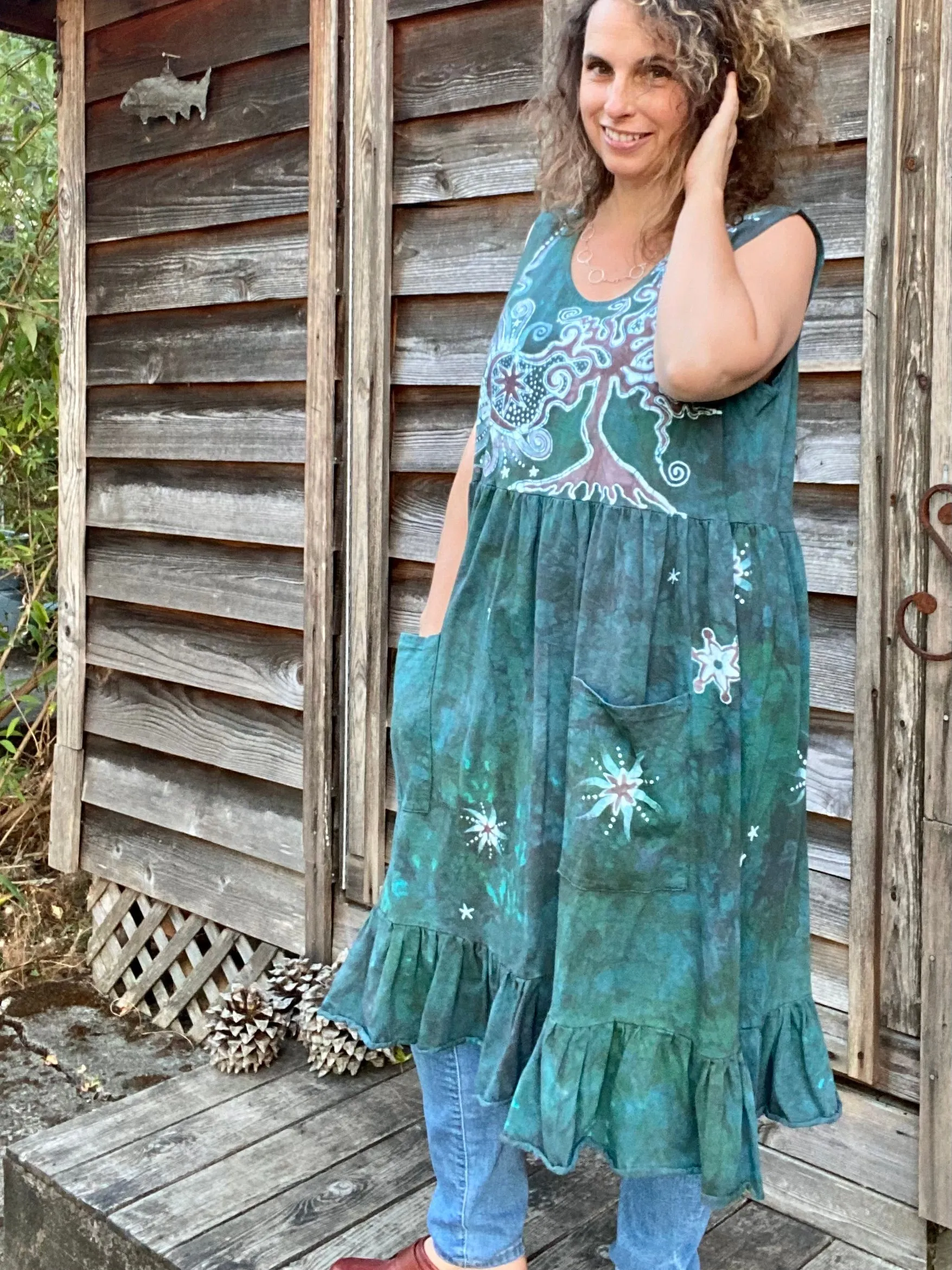Mist in the Moss Green Forest - Farmer's Market Pocket Dress - Size 2X