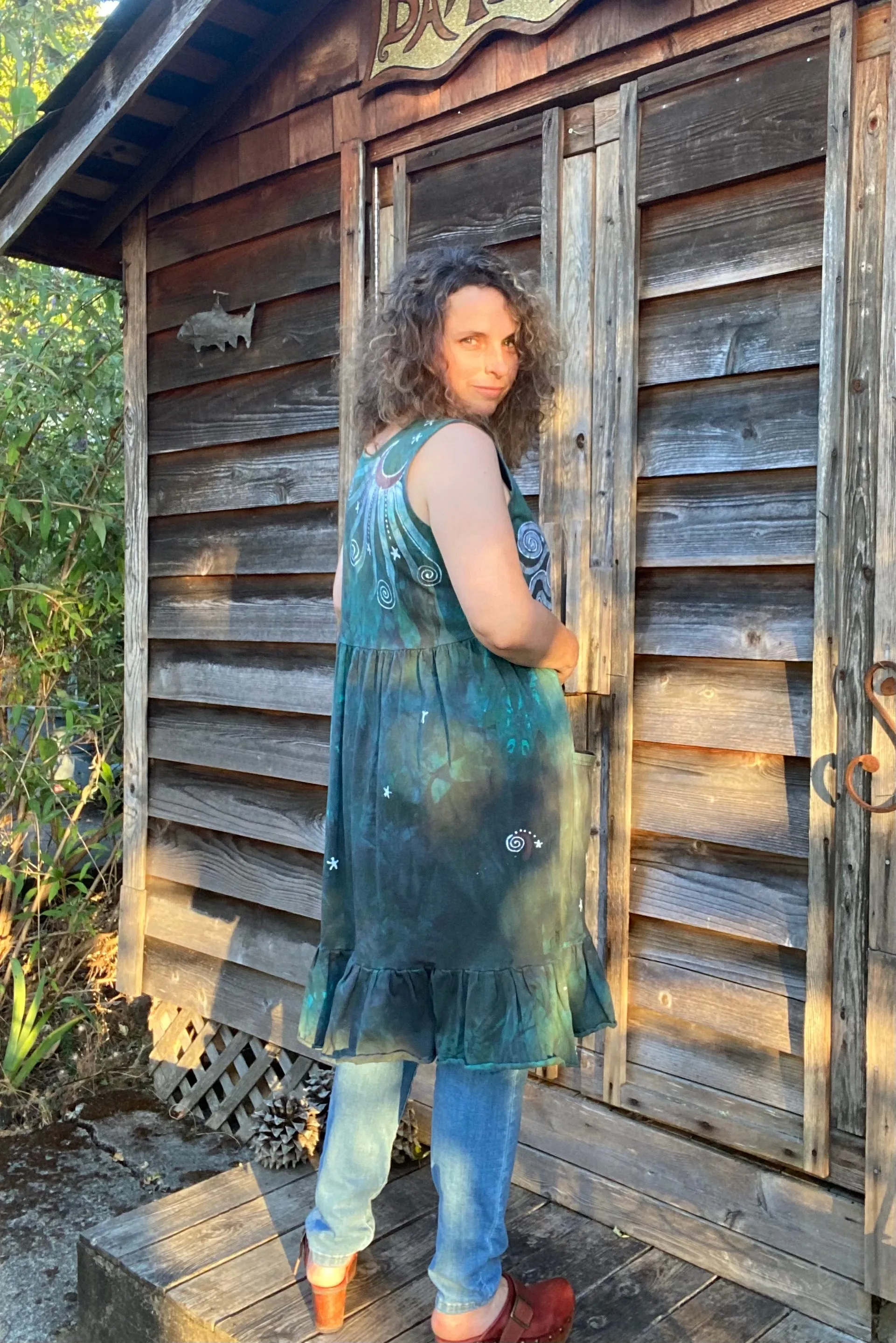 Mist in the Moss Green Forest - Farmer's Market Pocket Dress - Size Large