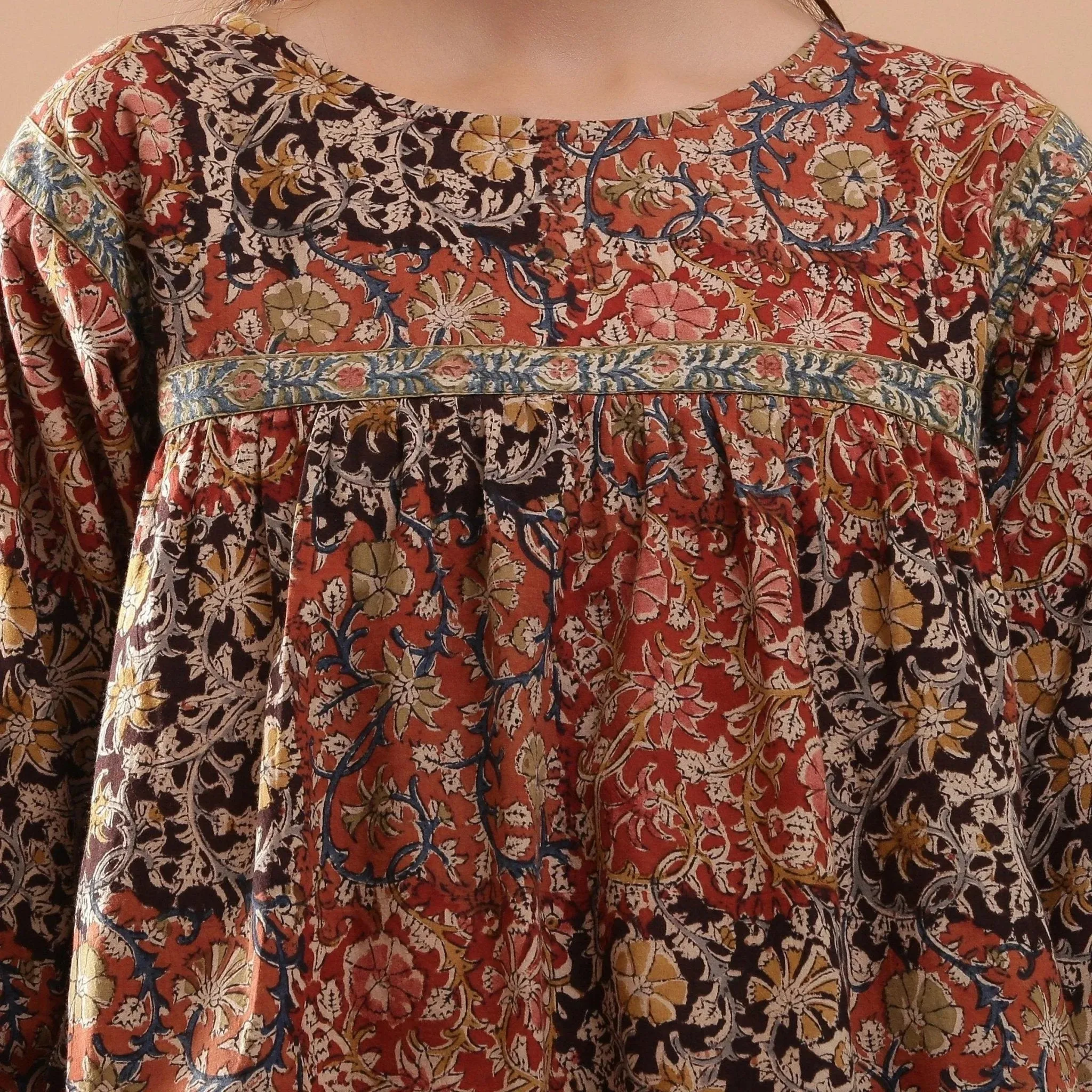 Muddy Red Block Print Cotton Kalamkari Top