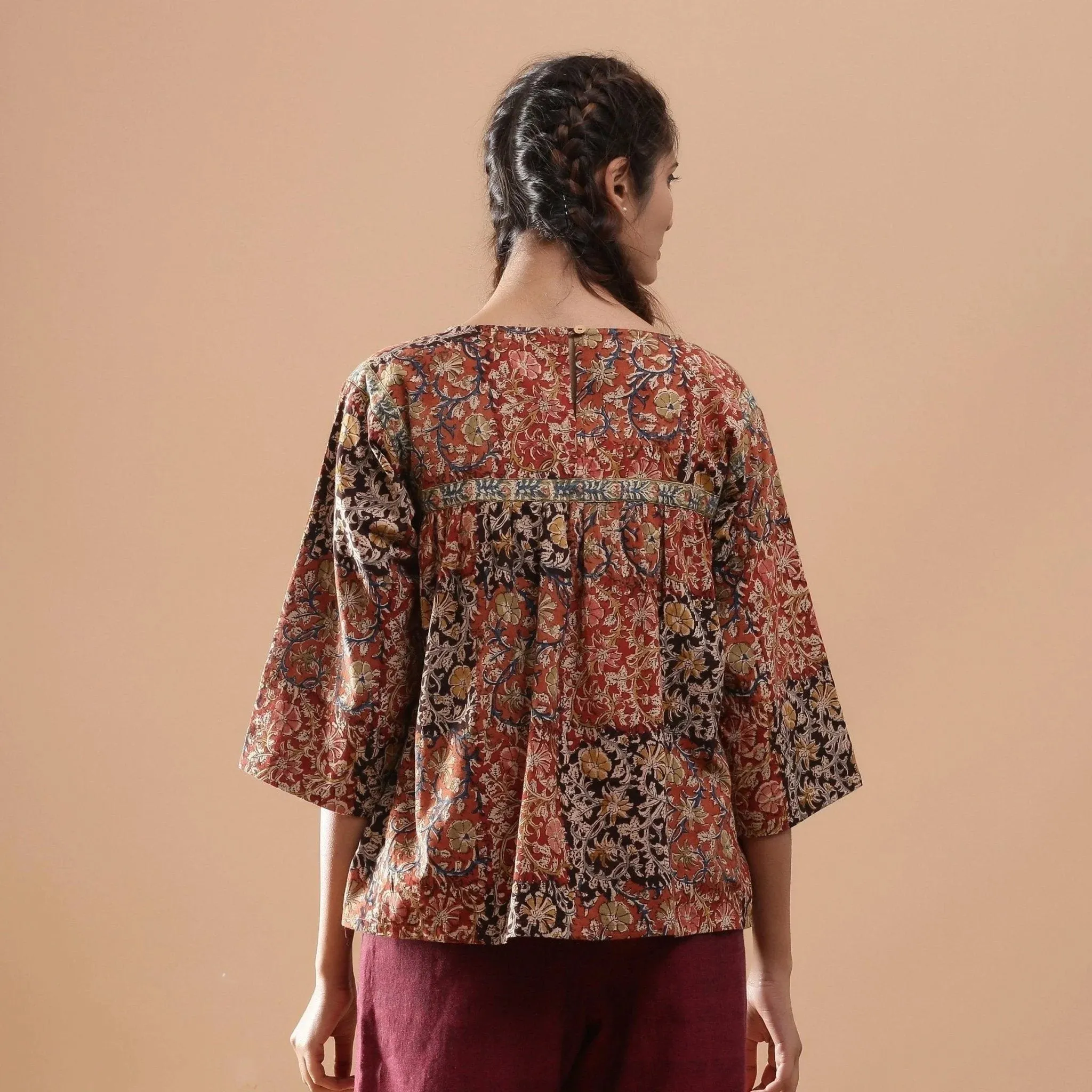 Muddy Red Block Print Cotton Kalamkari Top