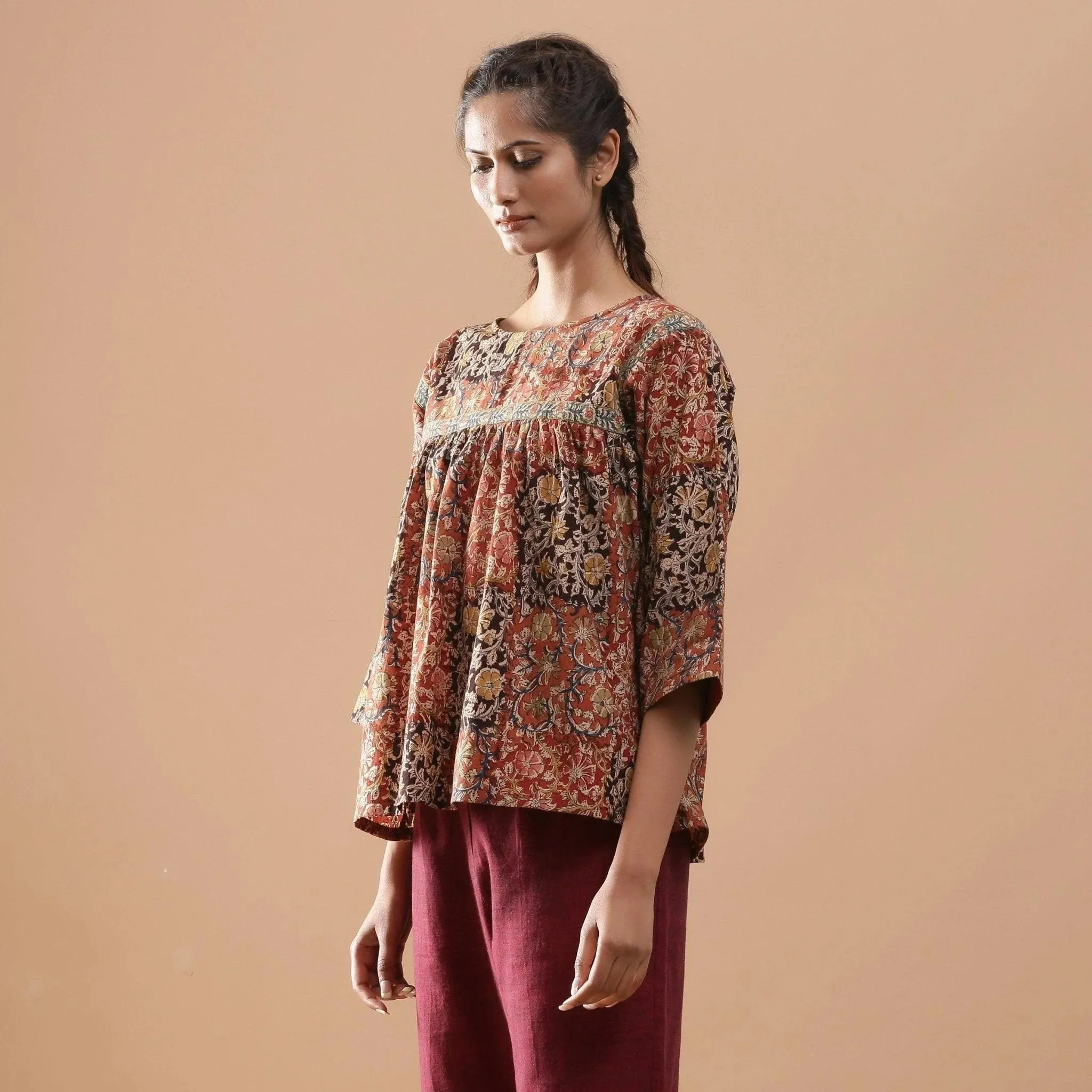 Muddy Red Block Print Cotton Kalamkari Top