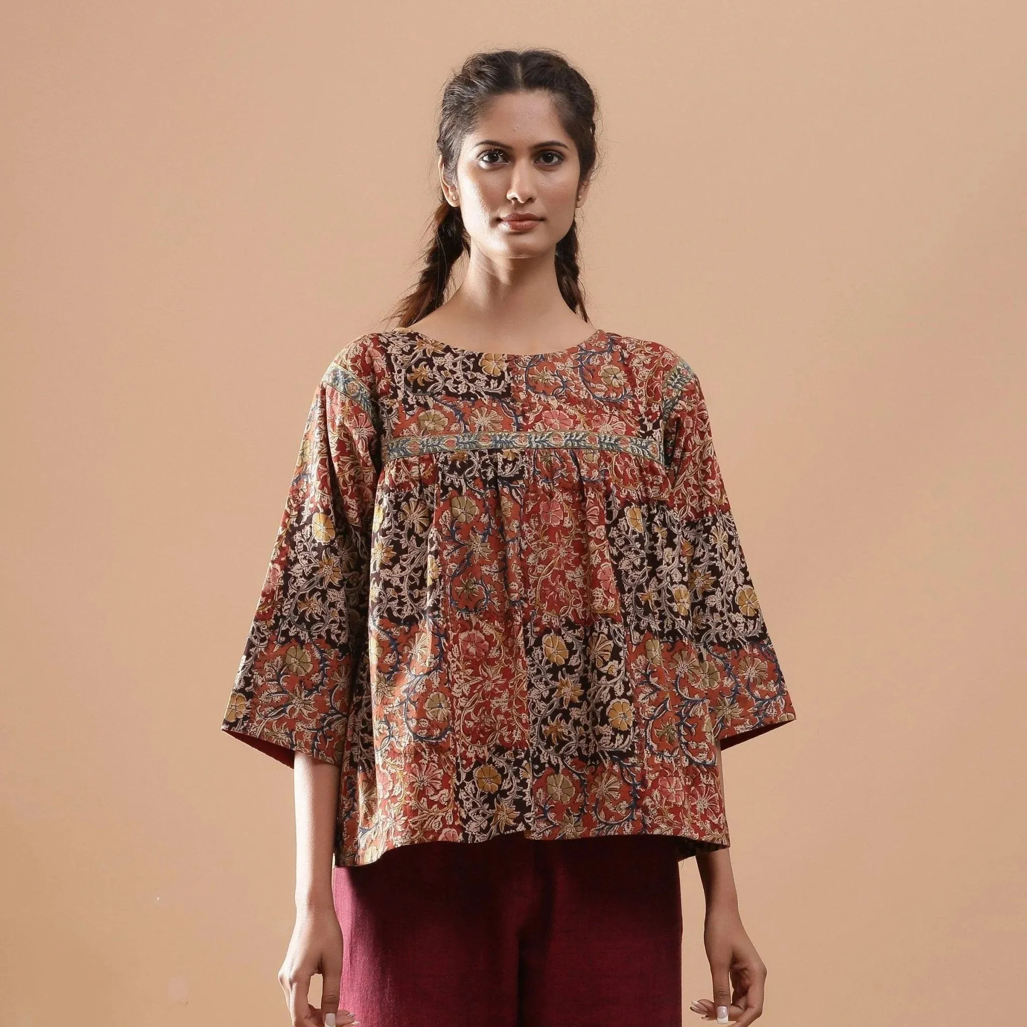 Muddy Red Block Print Cotton Kalamkari Top