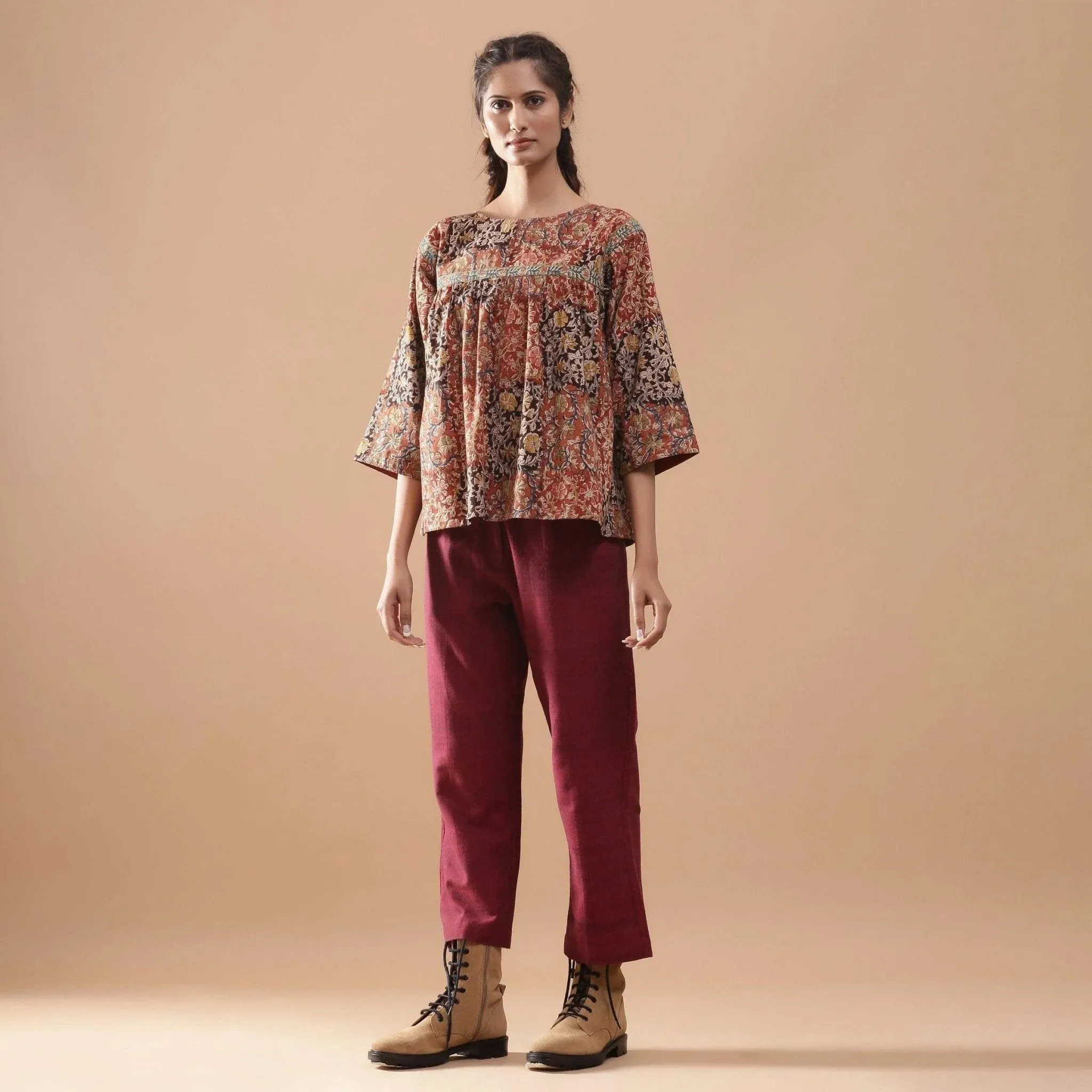 Muddy Red Block Print Cotton Kalamkari Top