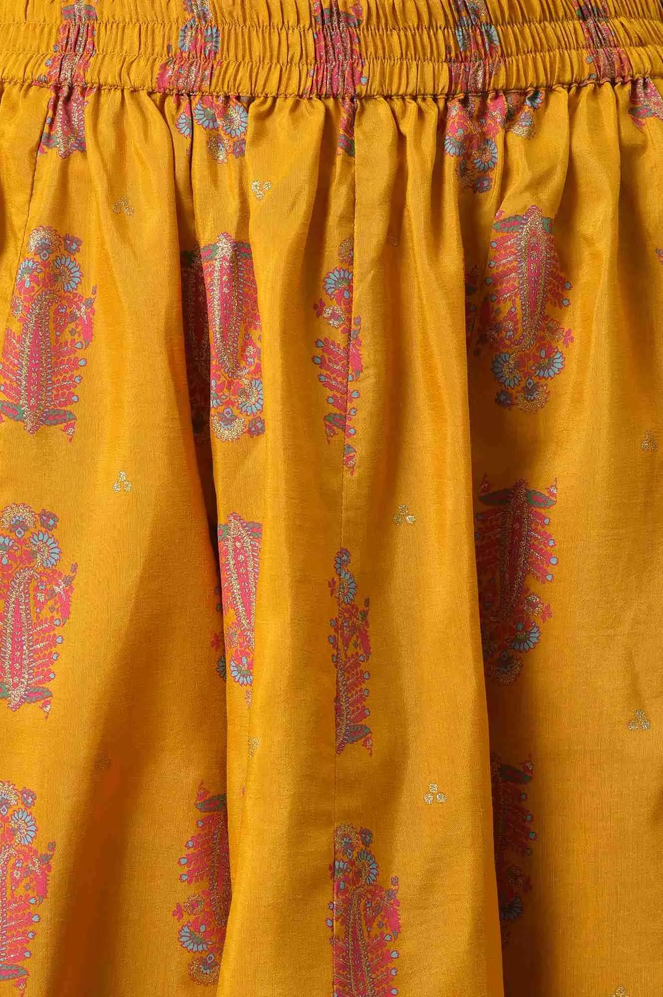 Mustard Festive A-Line Top With Culottes Having Attached Drape