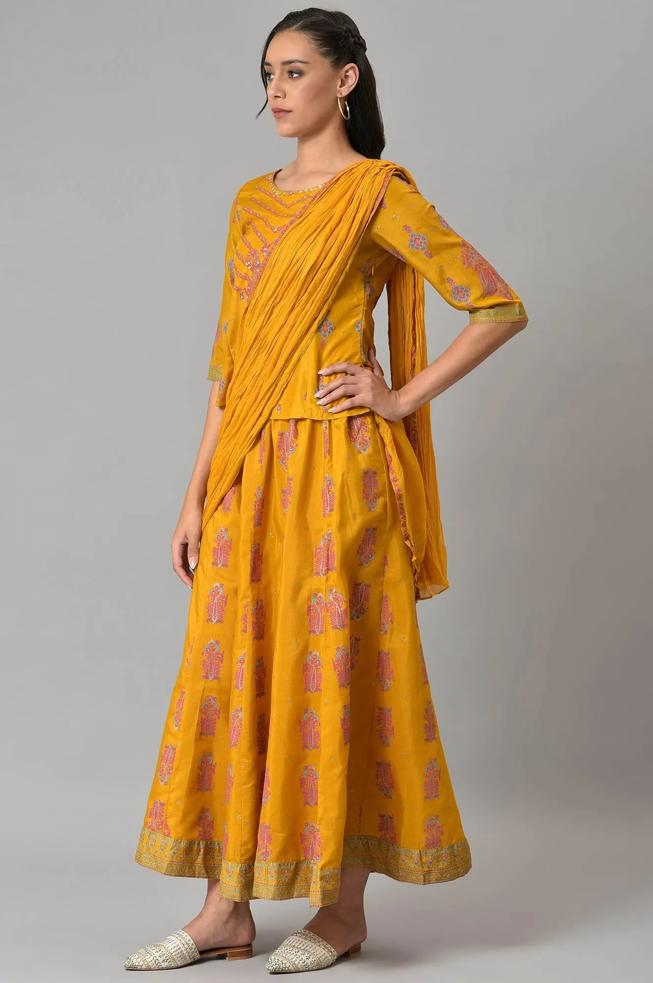 Mustard Festive A-Line Top With Culottes Having Attached Drape