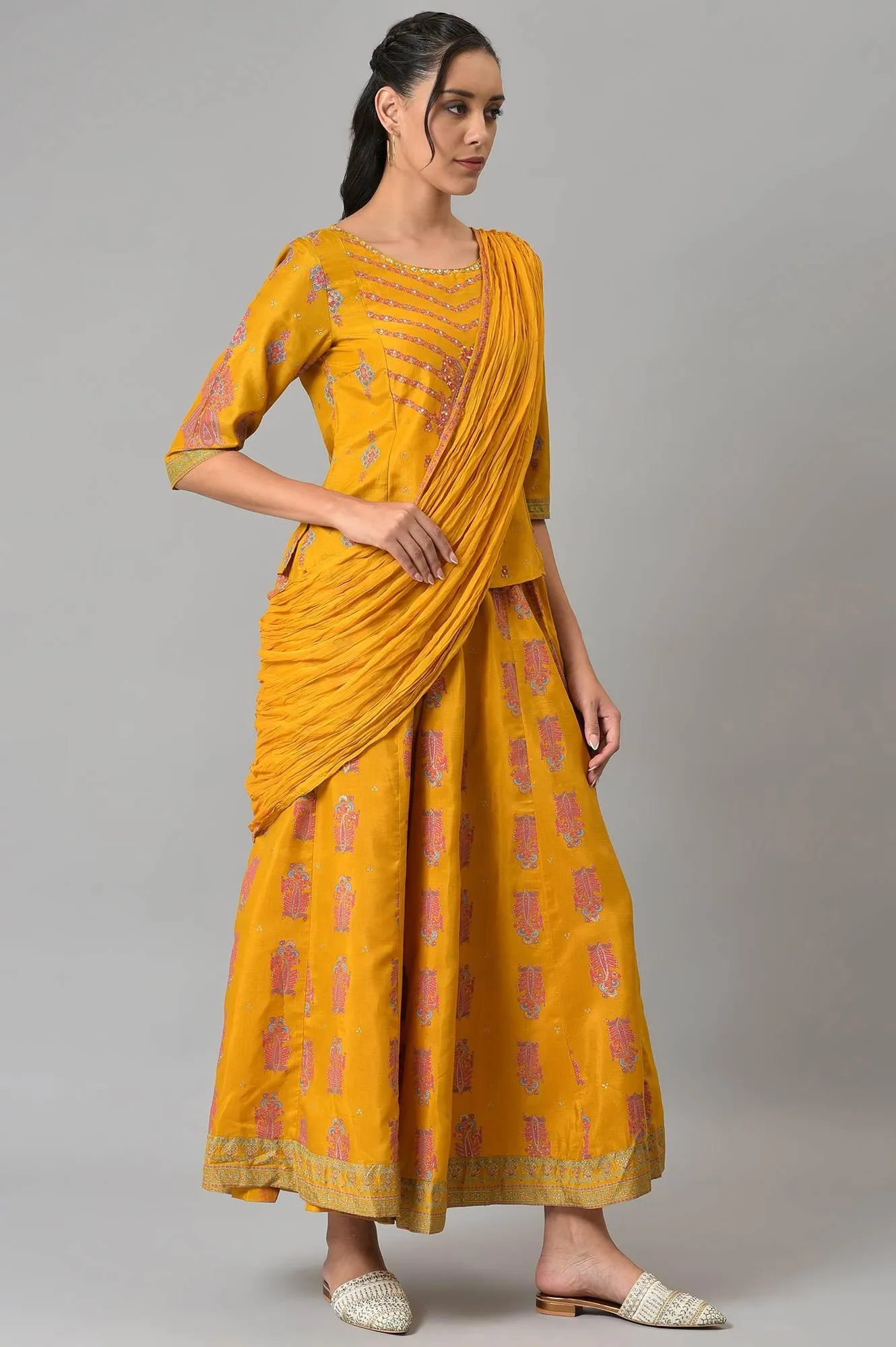 Mustard Festive A-Line Top With Culottes Having Attached Drape