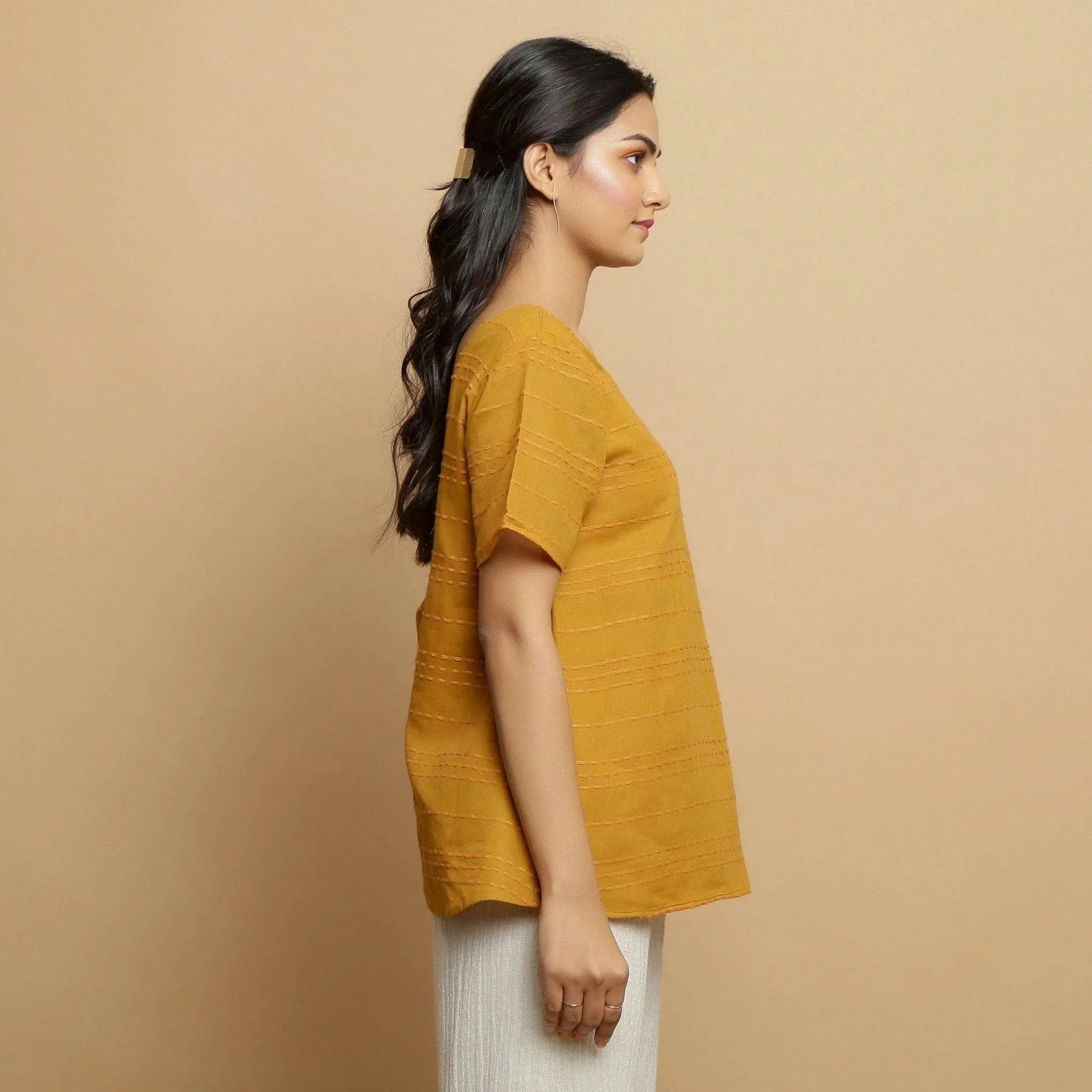 Mustard Handwoven Cotton U-Neck Backless Top