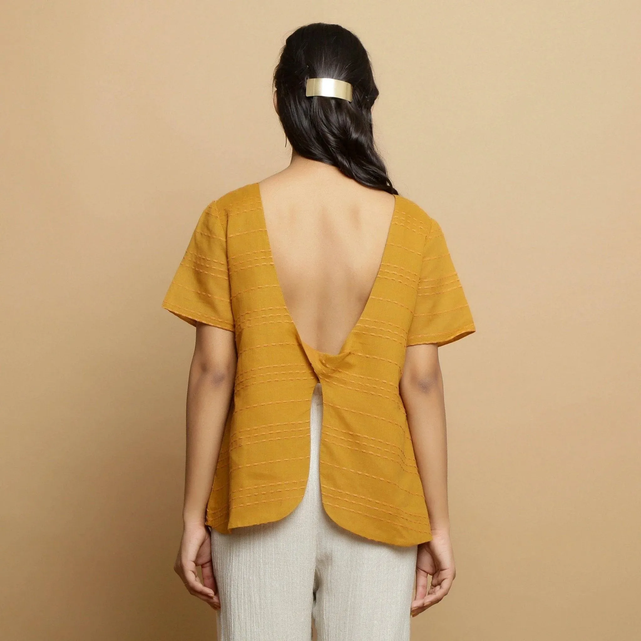 Mustard Handwoven Cotton U-Neck Backless Top
