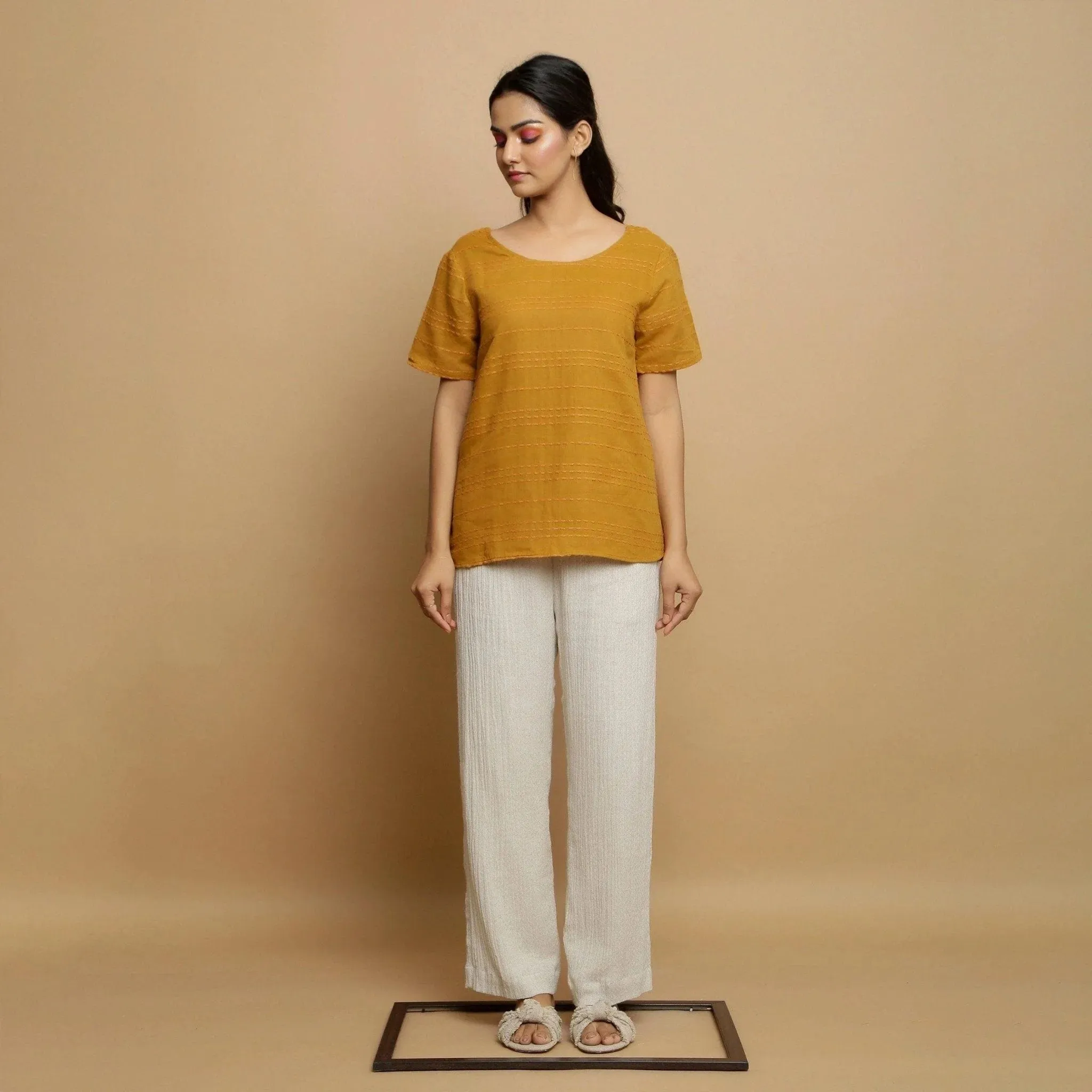 Mustard Handwoven Cotton U-Neck Backless Top