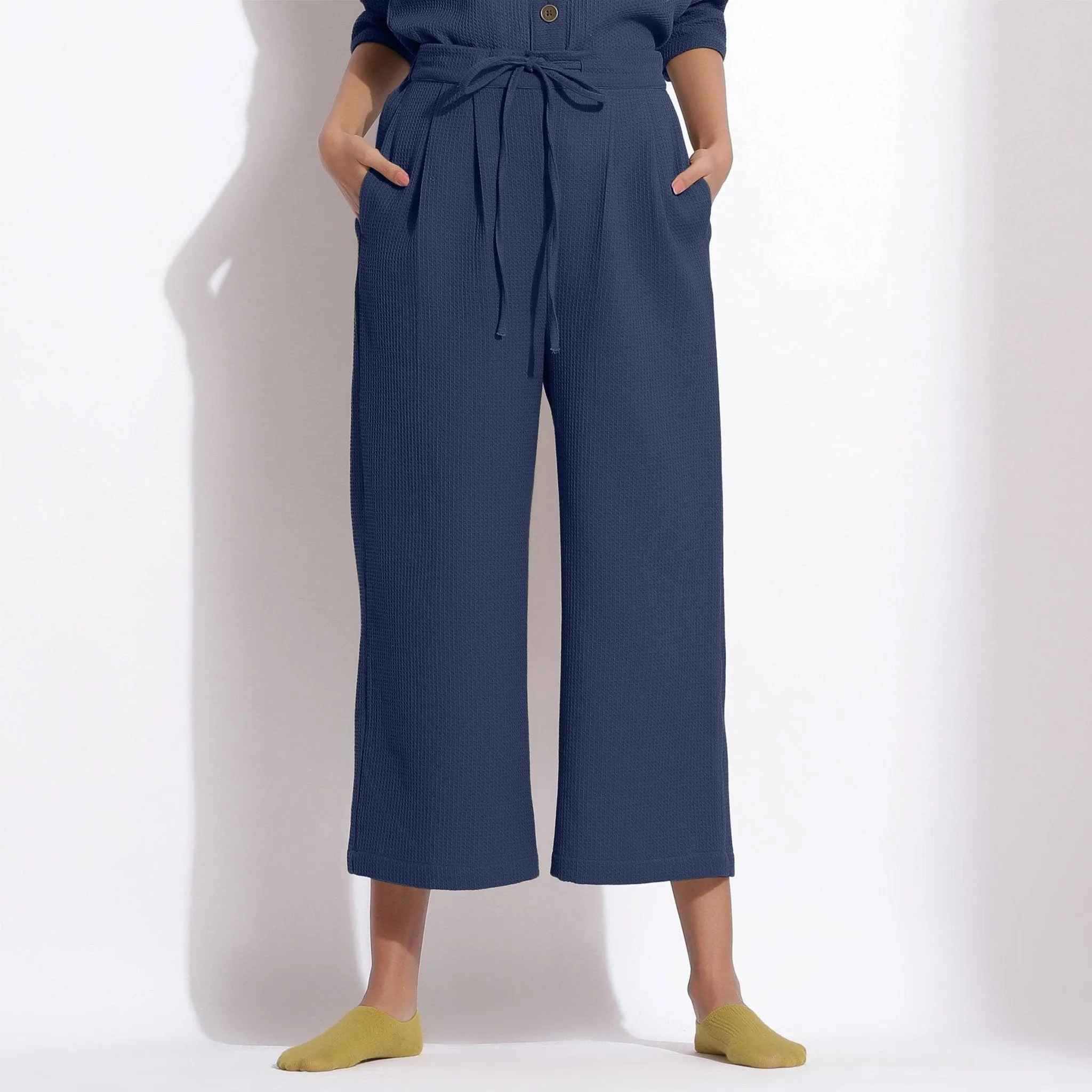 Navy Blue Warm Cotton Waffle Calf Length Culottes