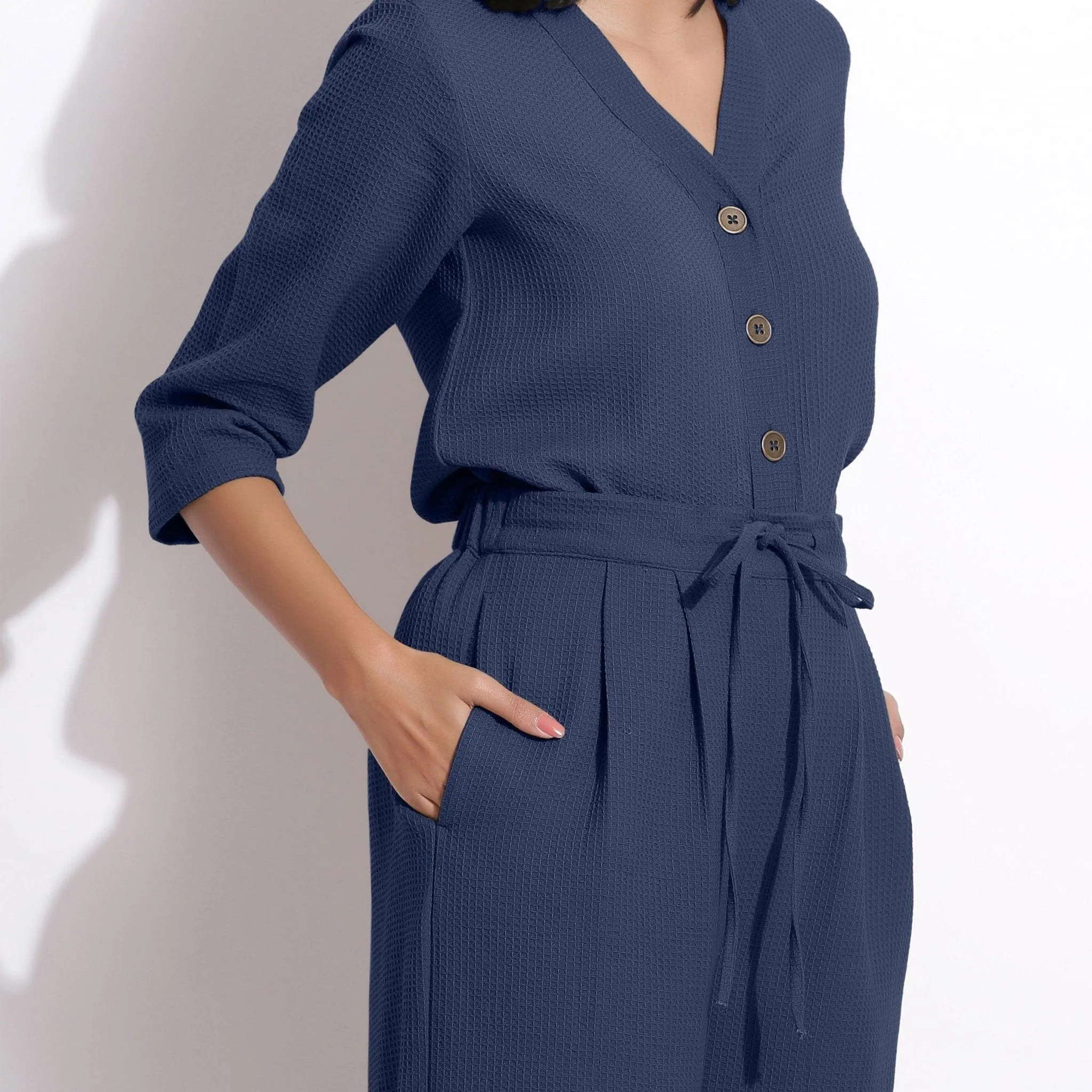 Navy Blue Warm Cotton Waffle Calf Length Culottes